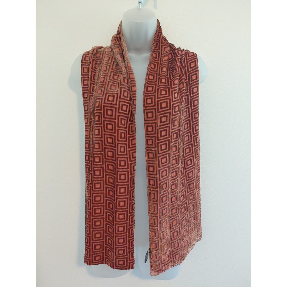 Shikreen Velvet Burnout Scarf 100% Silk Vintage Peach and Brown Groovy Chic OOAK